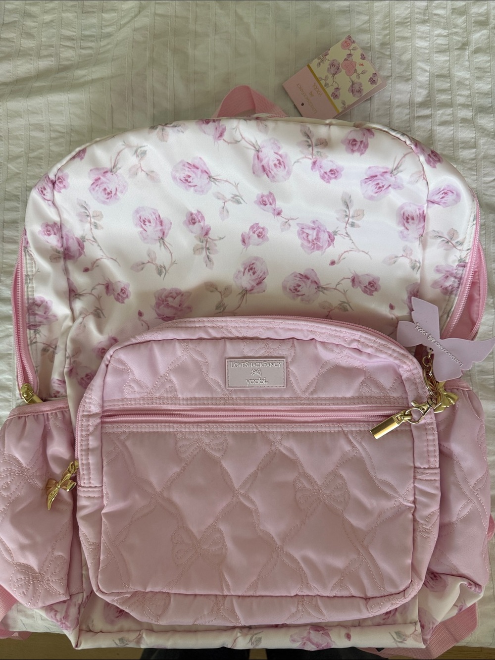 LoveShackFancy Pink Quilted Kids Backpack with Floral Lining